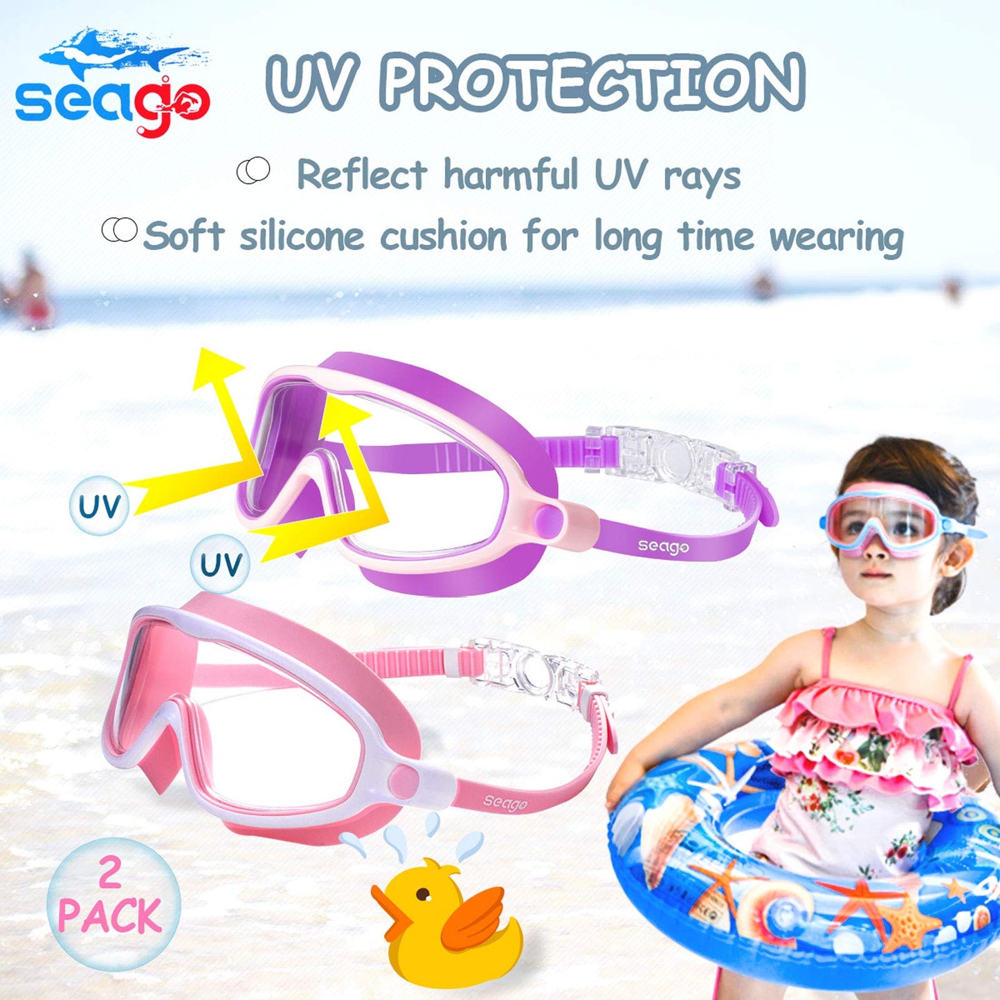 Seago Swim Goggles 2 Pack Anti-Fog Anti-UV Wide View Swimming Goggles for Kids 3-14