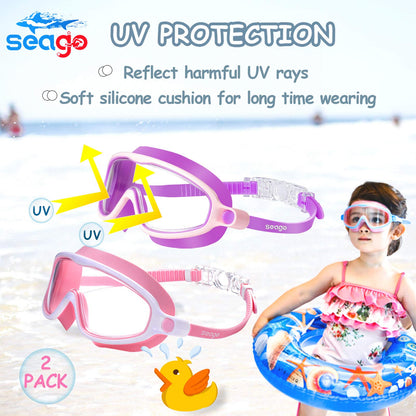 Seago Swim Goggles 2 Pack Anti-Fog Anti-UV Wide View Swimming Goggles for Kids 3-14