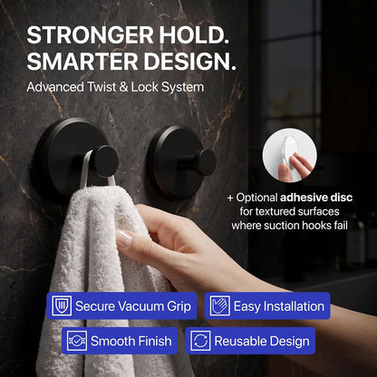 HOME SO Suction Cup Hooks for Shower & Bathroom Towel Holder 2-Pack Black | Waterproof Rustproof Organizer Hook Hanging Loofah Robe Coat Bath Accessories on Tile Glass Door Mirror + Optional 3M Disc