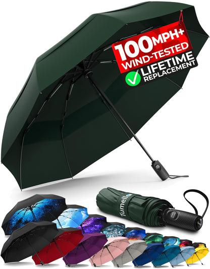 Strongest Windproof Travel Umbrella (Compact, 100MPH Wind-Tested), Light, Portable, One-Handed Use, Automatic Folding Rain Umbrella, Durable, Premium Grip, Fits Car & Backpack