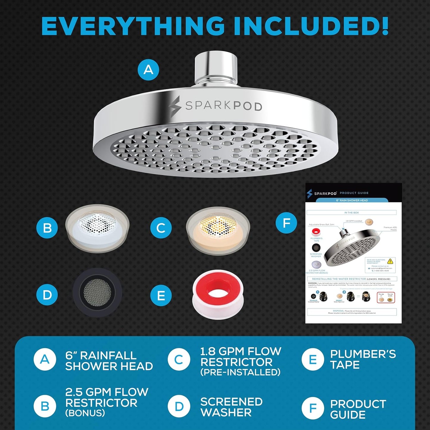 SparkPod Rain Shower Head, 6 Inch Round, Luxury Polished Chrome Finish | High Pressure Shower Heads, 90 Nozzles, Adjustable Showerhead, No Tools Needed, Universal Connection