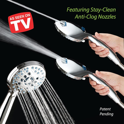 AquaCare 8-mode High Pressure Handheld Shower Head with 2-mode Power Wash | Stay Clean Nozzles, Dual Power Wash for Tub, Tile & Pets, Long 6 ft. Stainless Steel Hose, Wall & Overhead Brackets / Chrome