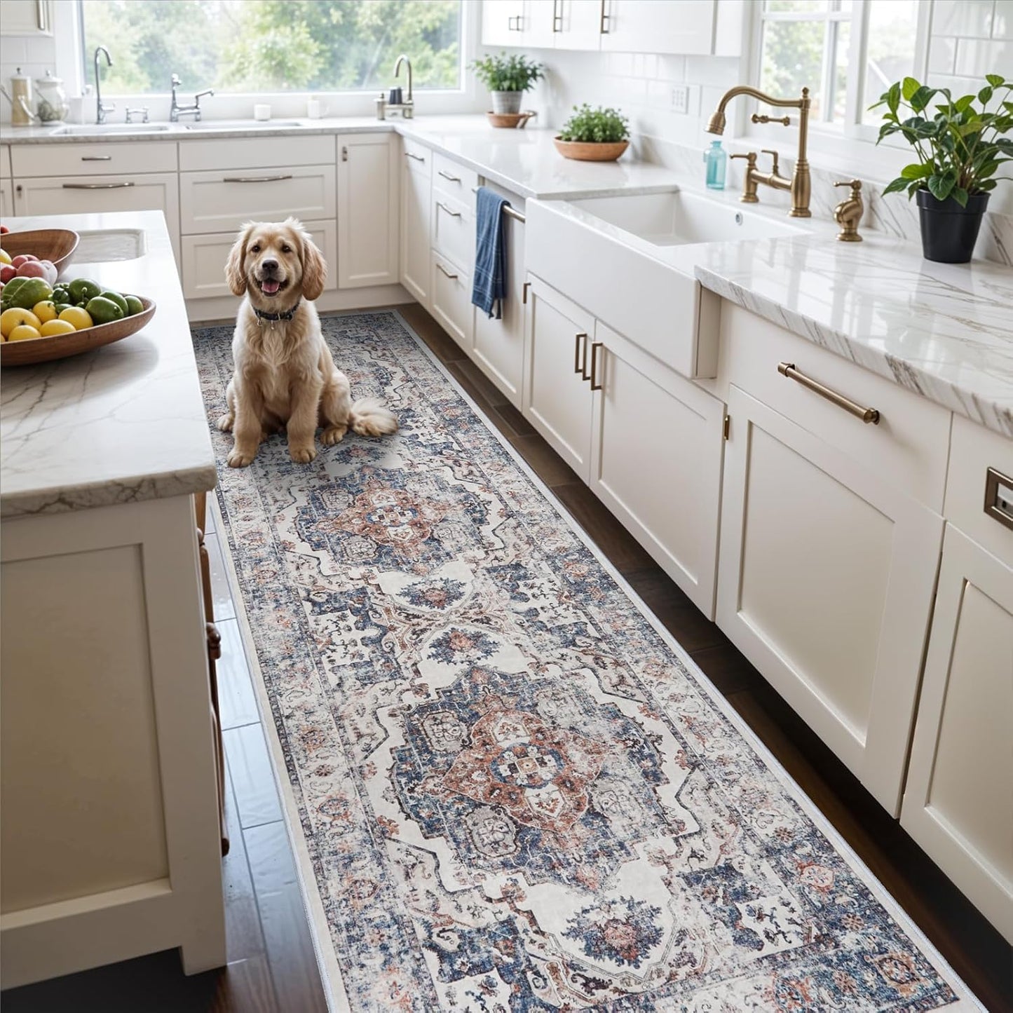 2x6 Hallway Washable Runner Rug : Vintage Soft Kitchen Laundry Runner with Non Slip Backing Farmhouse Entryway Living Room Floor Mat Stain Resistant Carpet for Bedroom Bathroom Distressed Beside Rug