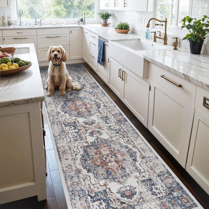 2x6 Hallway Washable Runner Rug : Vintage Soft Kitchen Laundry Runner with Non Slip Backing Farmhouse Entryway Living Room Floor Mat Stain Resistant Carpet for Bedroom Bathroom Distressed Beside Rug