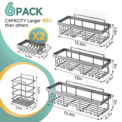Veken Large Capacity Shower Caddy 6-Pack, No Drilling & Rustproof, Adhesive Shower Shelves with Soap Holder, Bathroom Organizers and Storage, Wall-Mounted Kitchen & Home Decor, Pink