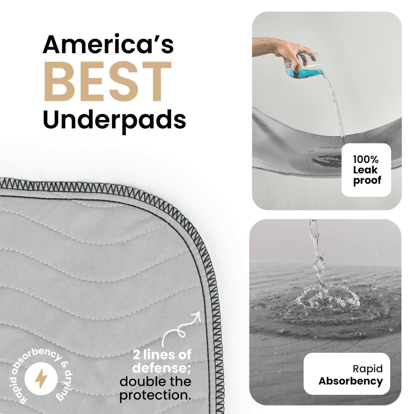 IMPROVIA® Washable Underpads, 34" x 36" (Pack of 4) - Heavy Absorbency Reusable Bedwetting Incontinence Pads for Kids, Adults, Elderly, and Pets - Waterproof Protective Pad for Bed, Couch, Sofa, Floor
