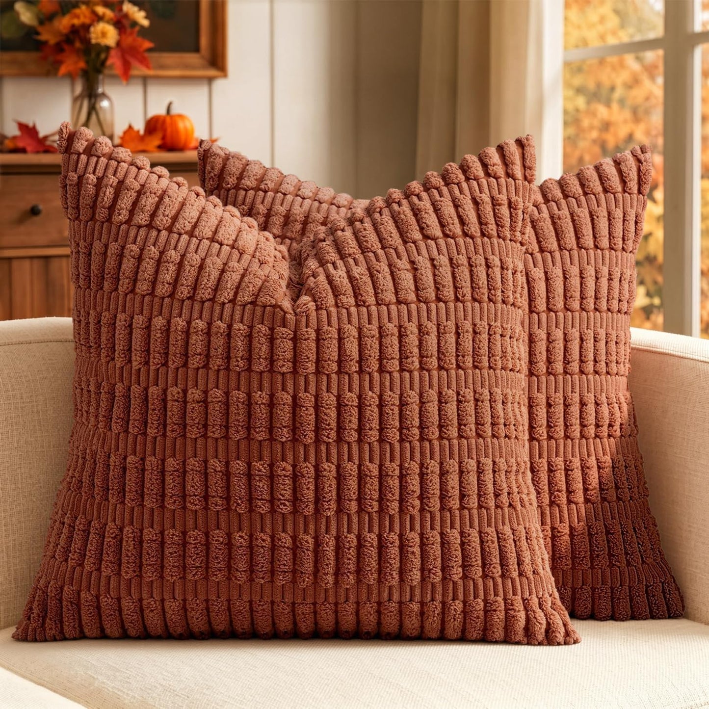 MIULEE Corduroy Decorative Throw Pillow Covers 18x18 Aqua Green Pack of 2 | Soft Boho Striped Pillow Covers Modern Farmhouse Home Decor For Sofa Living Room Couch Bed