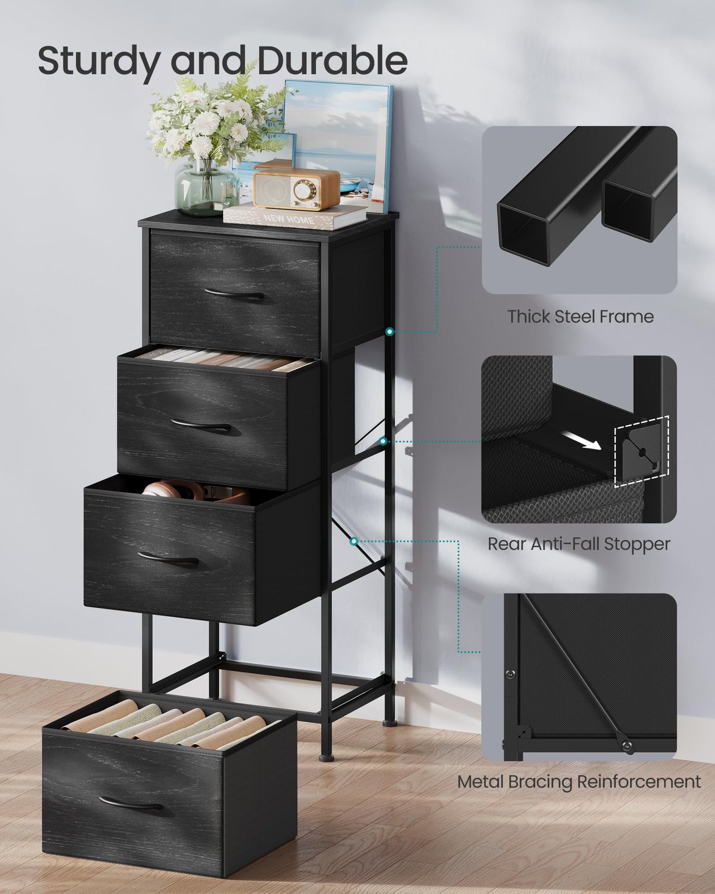 SONGMICS BELLAH Collection - Dresser for Bedroom, Chest of Drawers, Storage Organizer Unit, Closet, Entryway, Steel, 4 Drawers, Modern, Ink Black and Ebony Black ULGS314B01S