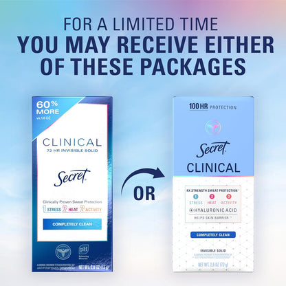 Secret Clinical Strength Invisible Solid Antiperspirant Deodorant for Women, 100HR Sweat & Odor Protection, 3X Stress Protection with Hyaluronic Acid, PH Balanced, Completely Clean Scent, 2.6 oz