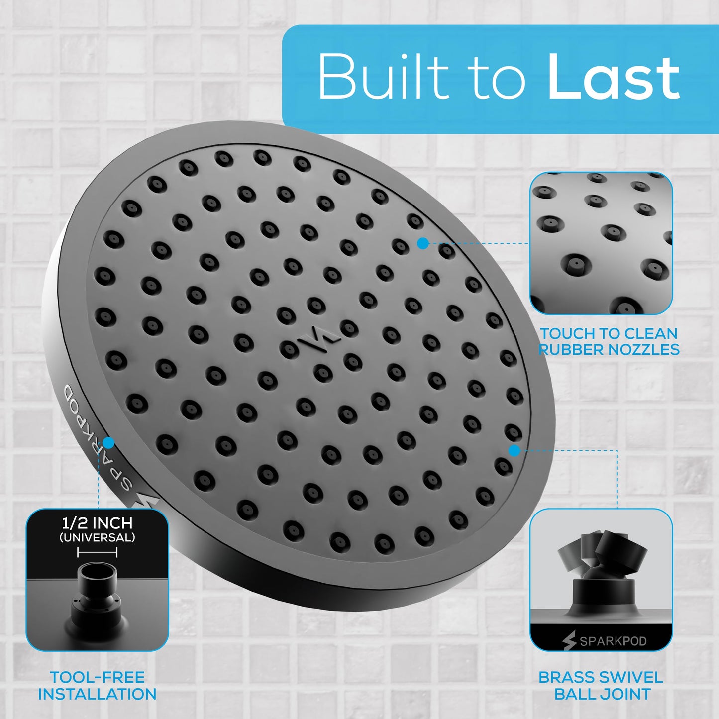 SparkPod Rain Shower Head, 6 Inch Round, Luxury Polished Chrome Finish | High Pressure Shower Heads, 90 Nozzles, Adjustable Showerhead, No Tools Needed, Universal Connection