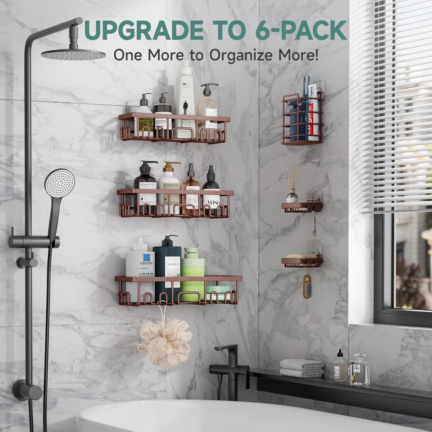 Veken Large Capacity Shower Caddy 6-Pack, No Drilling & Rustproof, Adhesive Shower Shelves with Soap Holder, Bathroom Organizers and Storage, Wall-Mounted Kitchen & Home Decor, Pink