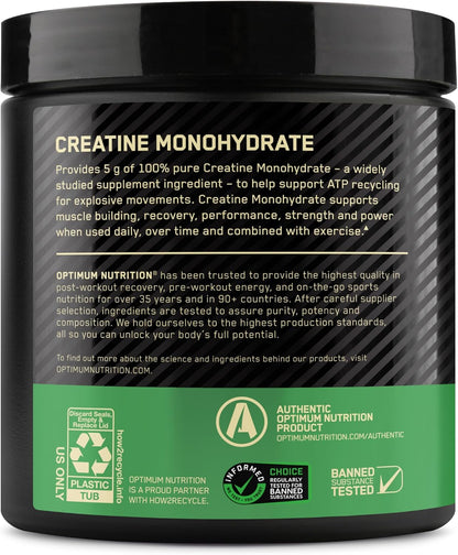 Optimum Nutrition Creatine, Micronized Creatine Monohydrate Powder, Supports Strength & Recovery, Banned Substance Tested, Unflavored, 5g per Serving, 60 Servings | 5g Micronized Creatine Monohydrate Powder Per Serving, Supports Muscle Strength & Power, E