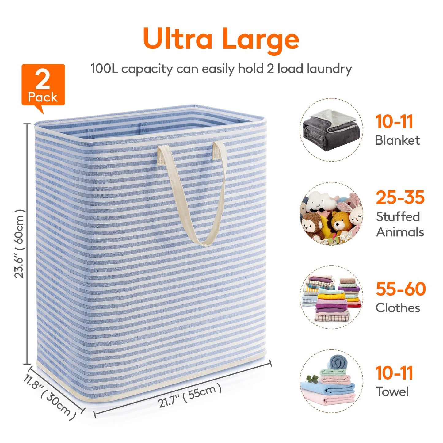Lifewit 2 Pack Laundry Basket 80L Each, Collapsible Clothes Hamper with Reinforced Handles, Freestanding Waterproof Design for Bedroom and Laundry Room, Grey 160L Total