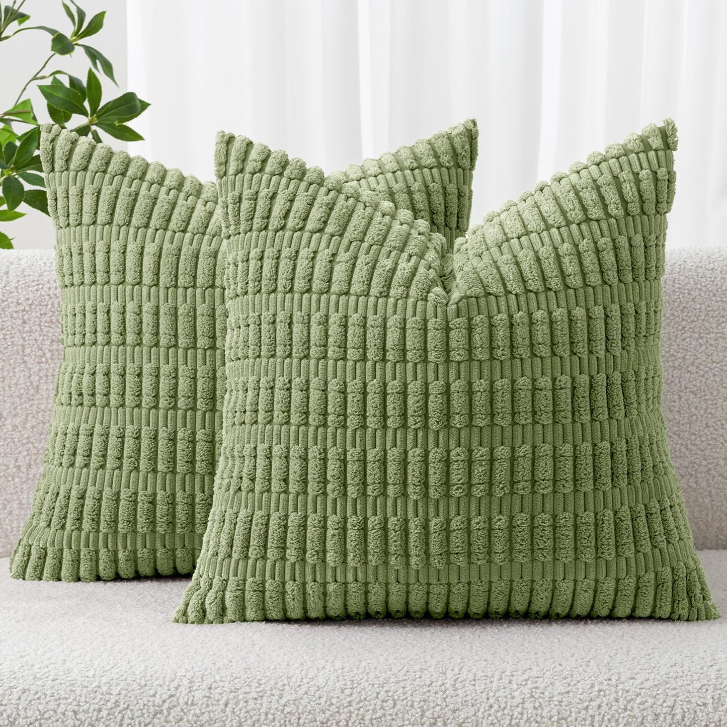 MIULEE Corduroy Decorative Throw Pillow Covers 18x18 Aqua Green Pack of 2 | Soft Boho Striped Pillow Covers Modern Farmhouse Home Decor For Sofa Living Room Couch Bed