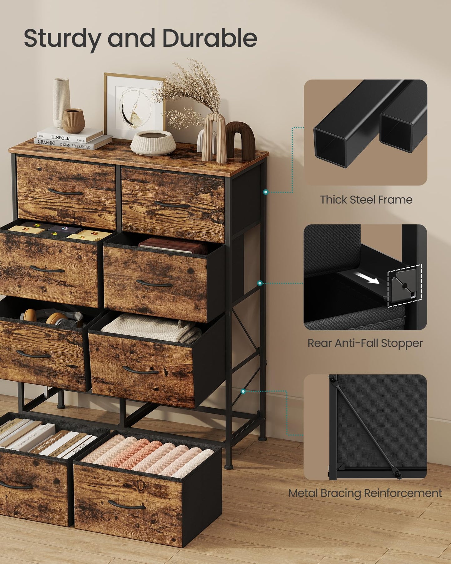 SONGMICS BELLAH Collection - Dresser for Bedroom, Chest of Drawers, Storage Organizer Unit, Closet, Entryway, Steel, 4 Drawers, Modern, Ink Black and Ebony Black ULGS314B01S