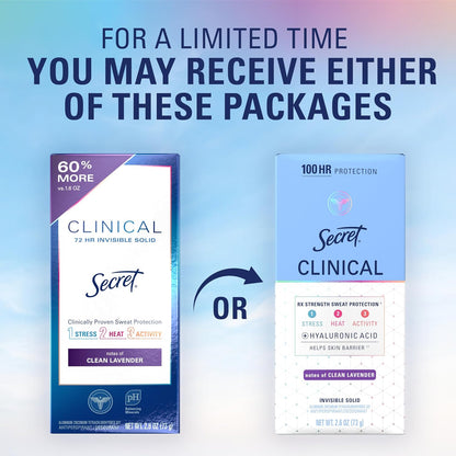 Secret Clinical Strength Invisible Solid Antiperspirant Deodorant for Women, 100HR Sweat & Odor Protection, 3X Stress Protection with Hyaluronic Acid, PH Balanced, Completely Clean Scent, 2.6 oz