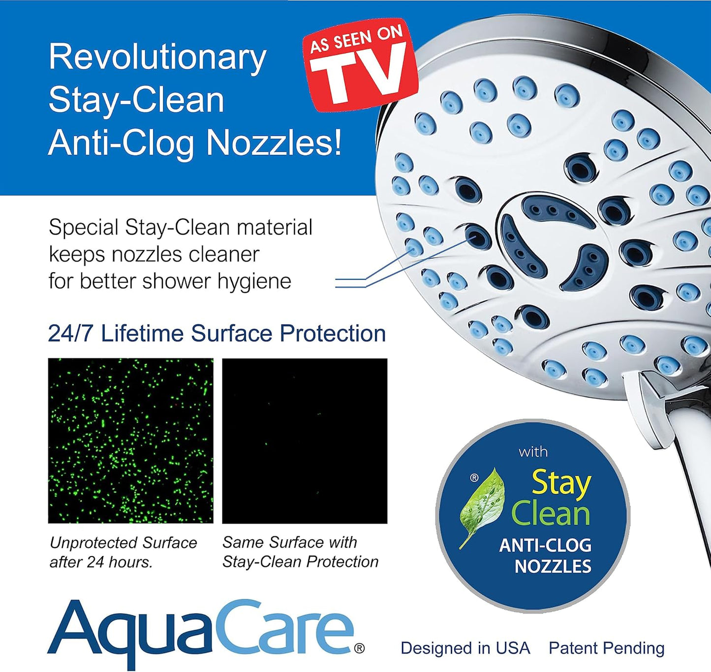 AquaCare 8-mode High Pressure Handheld Shower Head with 2-mode Power Wash | Stay Clean Nozzles, Dual Power Wash for Tub, Tile & Pets, Long 6 ft. Stainless Steel Hose, Wall & Overhead Brackets / Chrome