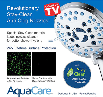 AquaCare 8-mode High Pressure Handheld Shower Head with 2-mode Power Wash | Stay Clean Nozzles, Dual Power Wash for Tub, Tile & Pets, Long 6 ft. Stainless Steel Hose, Wall & Overhead Brackets / Chrome