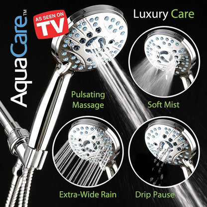 AquaCare 8-mode High Pressure Handheld Shower Head with 2-mode Power Wash | Stay Clean Nozzles, Dual Power Wash for Tub, Tile & Pets, Long 6 ft. Stainless Steel Hose, Wall & Overhead Brackets / Chrome