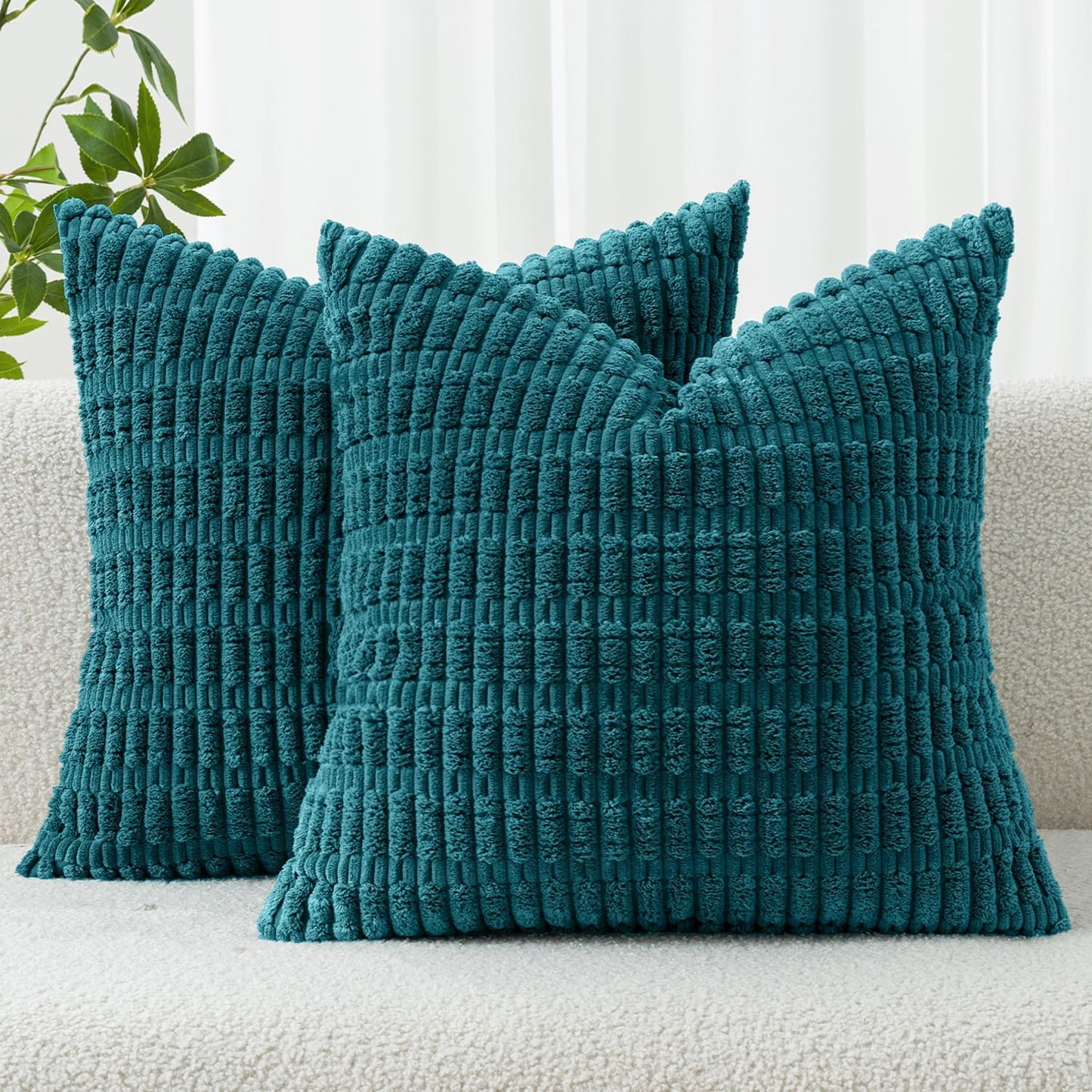 MIULEE Corduroy Decorative Throw Pillow Covers 18x18 Aqua Green Pack of 2 | Soft Boho Striped Pillow Covers Modern Farmhouse Home Decor For Sofa Living Room Couch Bed