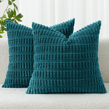 MIULEE Corduroy Decorative Throw Pillow Covers 18x18 Aqua Green Pack of 2 | Soft Boho Striped Pillow Covers Modern Farmhouse Home Decor For Sofa Living Room Couch Bed