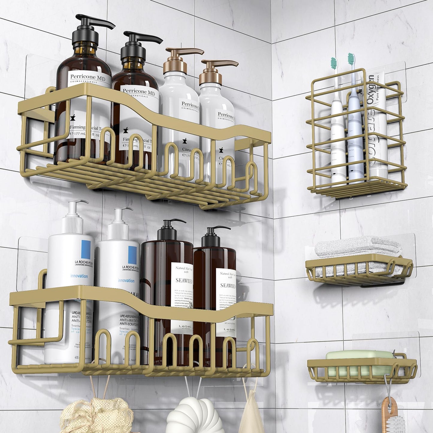 EUDELE Adhesive Shower Caddy, 5 Pack Rustproof Stainless Steel Bath Organizers With Large Capacity, No Drilling Shelves for Bathroom Storage & Home Decor