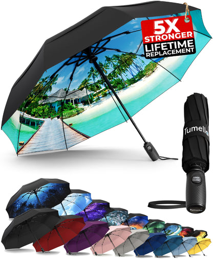 Strongest Windproof Travel Umbrella (Compact, 100MPH Wind-Tested), Light, Portable, One-Handed Use, Automatic Folding Rain Umbrella, Durable, Premium Grip, Fits Car & Backpack