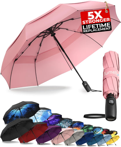 Strongest Windproof Travel Umbrella (Compact, 100MPH Wind-Tested), Light, Portable, One-Handed Use, Automatic Folding Rain Umbrella, Durable, Premium Grip, Fits Car & Backpack