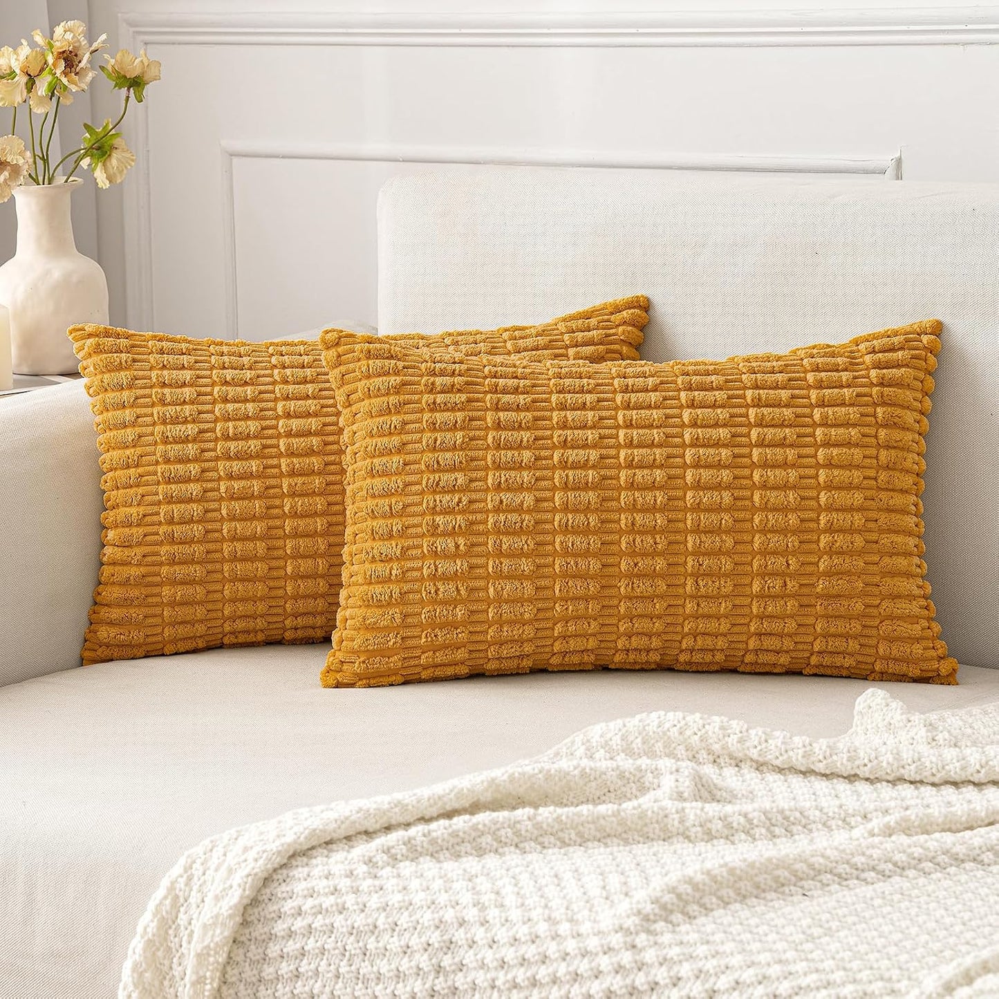 MIULEE Corduroy Decorative Throw Pillow Covers 18x18 Aqua Green Pack of 2 | Soft Boho Striped Pillow Covers Modern Farmhouse Home Decor For Sofa Living Room Couch Bed