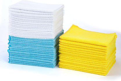 Amazon Basics Microfiber Cleaning Cloths, Ultra Absorbent, Lint Free, Streak Free, Non-Abrasive, Reusable and Washable, 16" x 12", Blue/White/Yellow, Pack of 24
