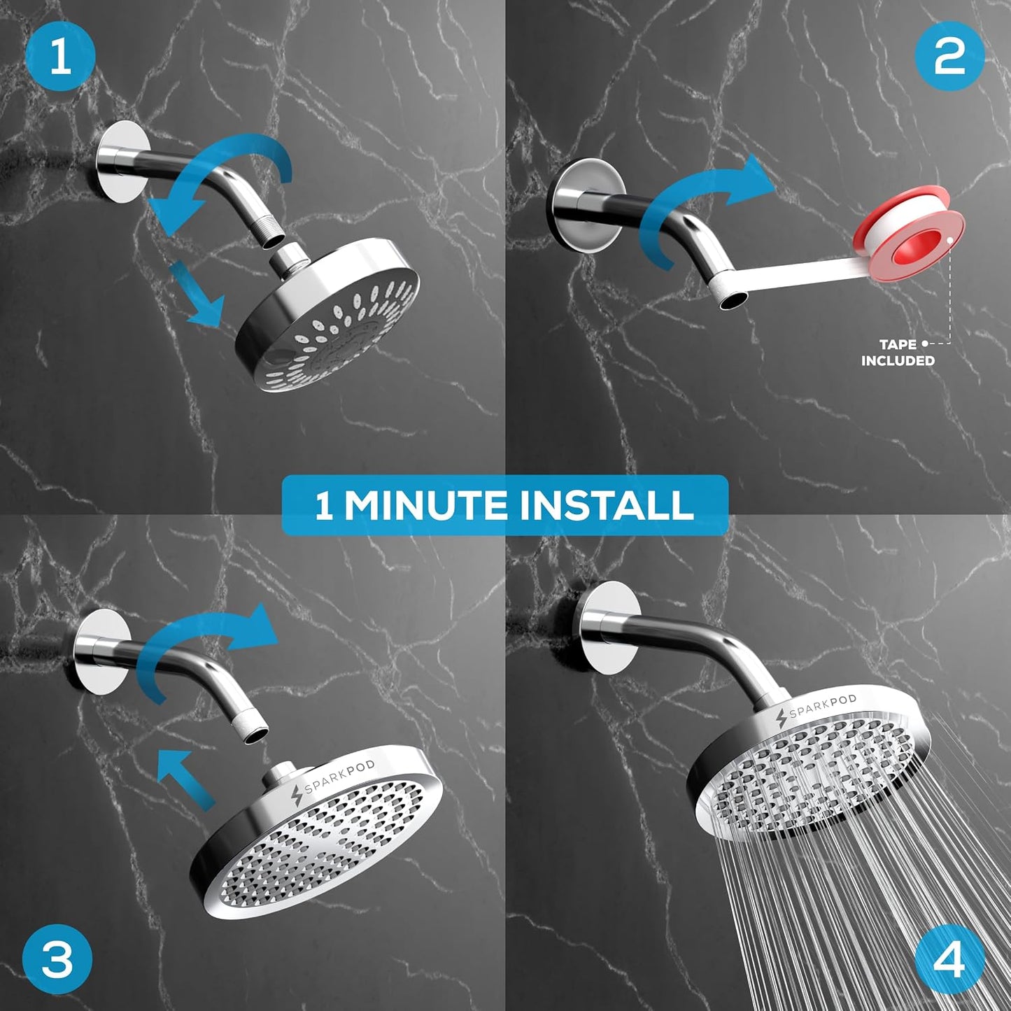 SparkPod Rain Shower Head, 6 Inch Round, Luxury Polished Chrome Finish | High Pressure Shower Heads, 90 Nozzles, Adjustable Showerhead, No Tools Needed, Universal Connection