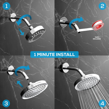 SparkPod Rain Shower Head, 6 Inch Round, Luxury Polished Chrome Finish | High Pressure Shower Heads, 90 Nozzles, Adjustable Showerhead, No Tools Needed, Universal Connection