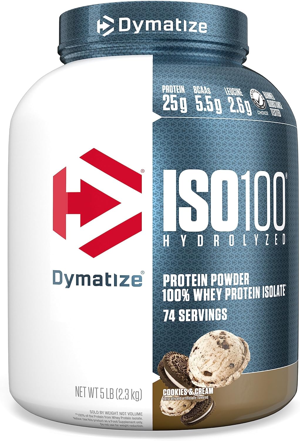 Dymatize ISO100 Protein Powder, 100% Whey Isolate, Cookies & Cream | 25g Protein, Hydrolyzed, Fast-Absorbing, Supports Muscle Health, 5.5g BCAAs, Gluten-Free, 20 Servings, 1.3 lb