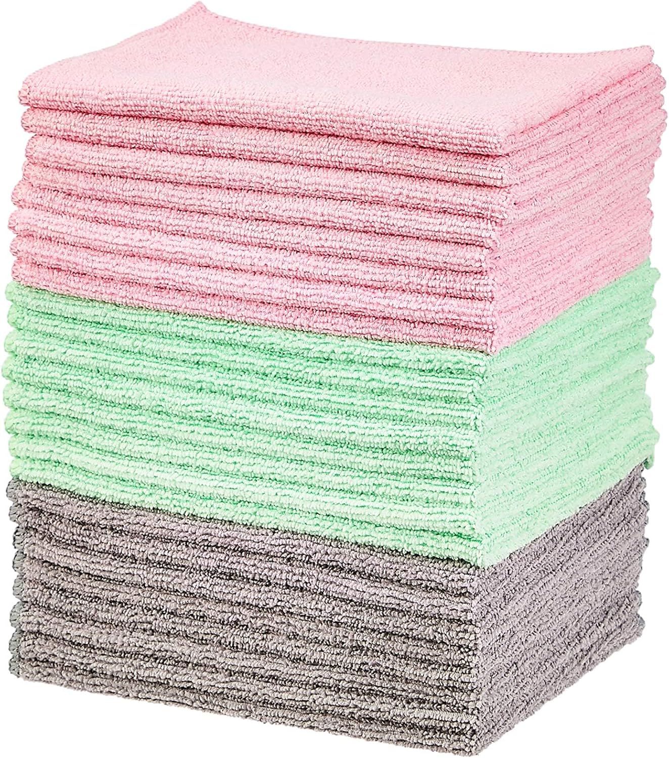 Amazon Basics Microfiber Cleaning Cloths, Ultra Absorbent, Lint Free, Streak Free, Non-Abrasive, Reusable and Washable, 16" x 12", Blue/White/Yellow, Pack of 24