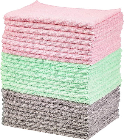 Amazon Basics Microfiber Cleaning Cloths, Ultra Absorbent, Lint Free, Streak Free, Non-Abrasive, Reusable and Washable, 16" x 12", Blue/White/Yellow, Pack of 24