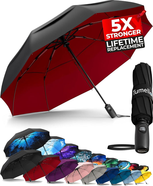 Strongest Windproof Travel Umbrella (Compact, 100MPH Wind-Tested), Light, Portable, One-Handed Use, Automatic Folding Rain Umbrella, Durable, Premium Grip, Fits Car & Backpack