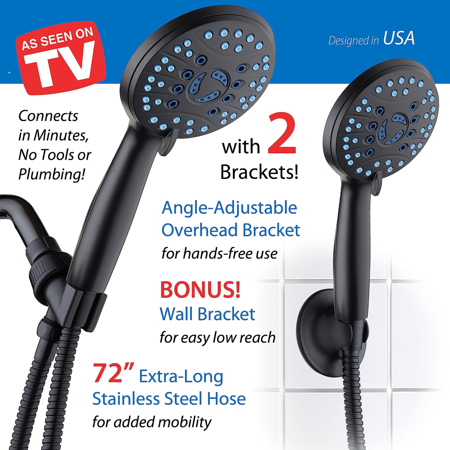 AquaCare 8-mode High Pressure Handheld Shower Head with 2-mode Power Wash | Stay Clean Nozzles, Dual Power Wash for Tub, Tile & Pets, Long 6 ft. Stainless Steel Hose, Wall & Overhead Brackets / Chrome