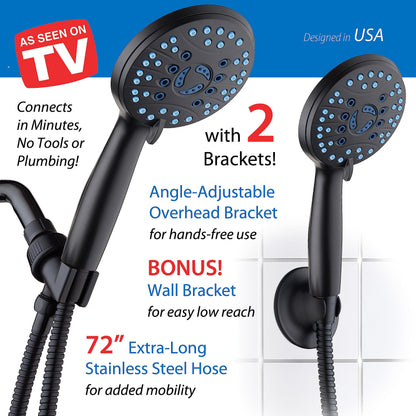 AquaCare 8-mode High Pressure Handheld Shower Head with 2-mode Power Wash | Stay Clean Nozzles, Dual Power Wash for Tub, Tile & Pets, Long 6 ft. Stainless Steel Hose, Wall & Overhead Brackets / Chrome