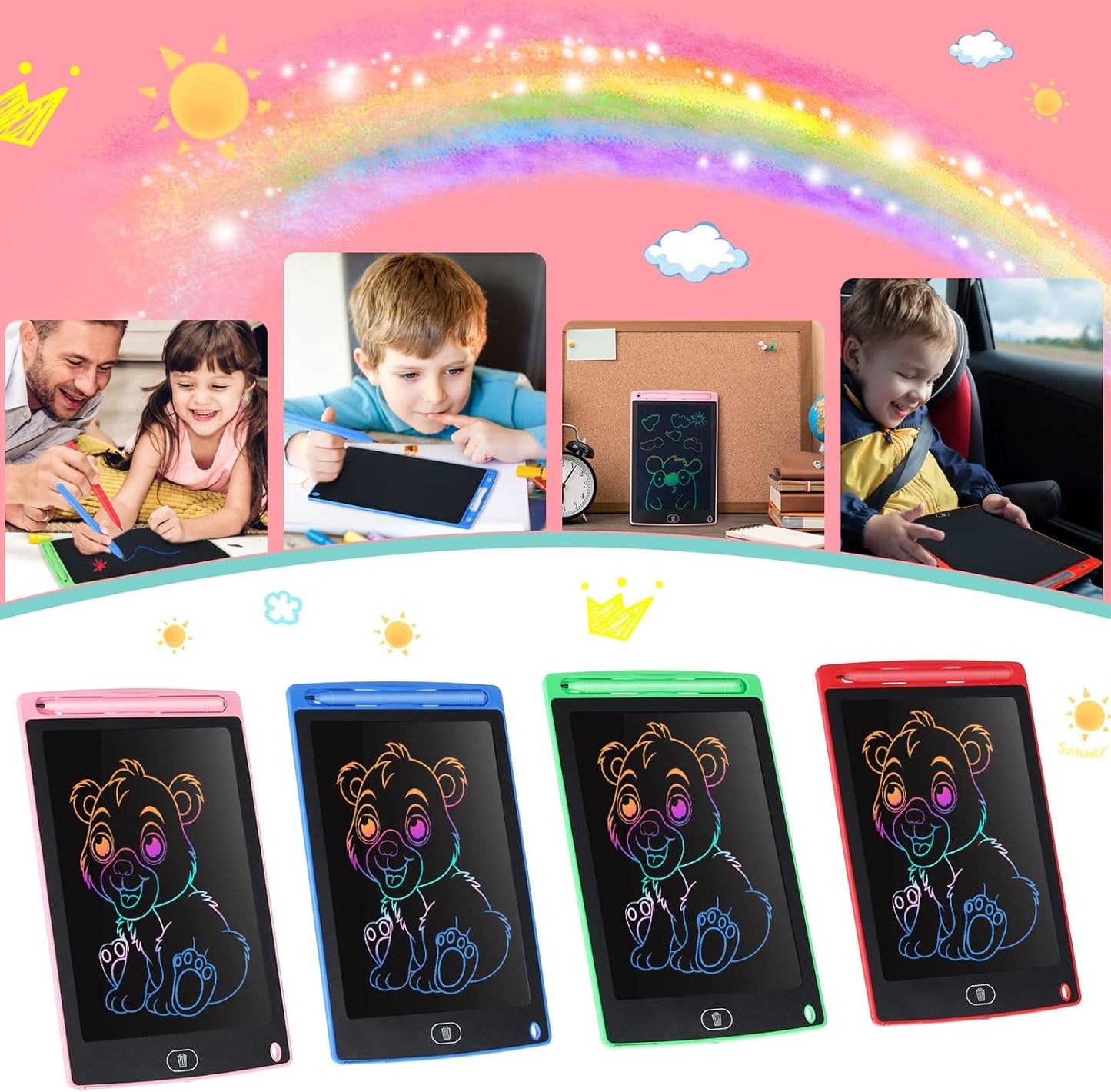 Zonon 4 Pcs LCD Writing Tablet for Kids, 8.5 Inch Colorful Toddler Doodle Board Tablet, Reusable Electronic LCD Writing Board for Boys Girls Age 3-8 Birthday Gifts(Blue, Red, Green, Pink)
