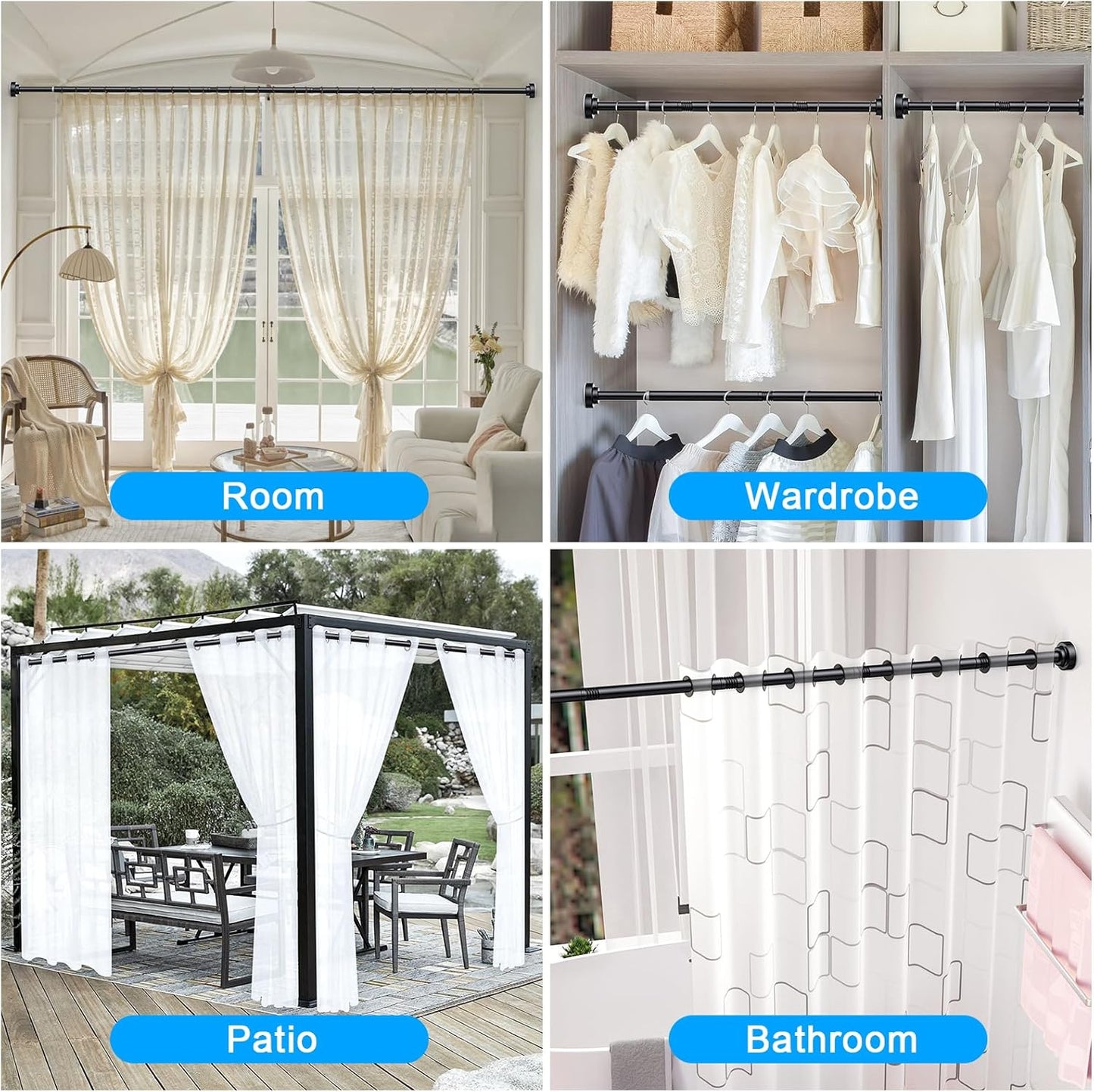 TEECK Shower Curtain Rod, 32-80 inch Adjustable Spring Tension Curtain Rod, Never Rust Anti-Slip Shower Curtain Rod for Bathroom, No Drilling, Never Collapse, Easy to Use, Silver