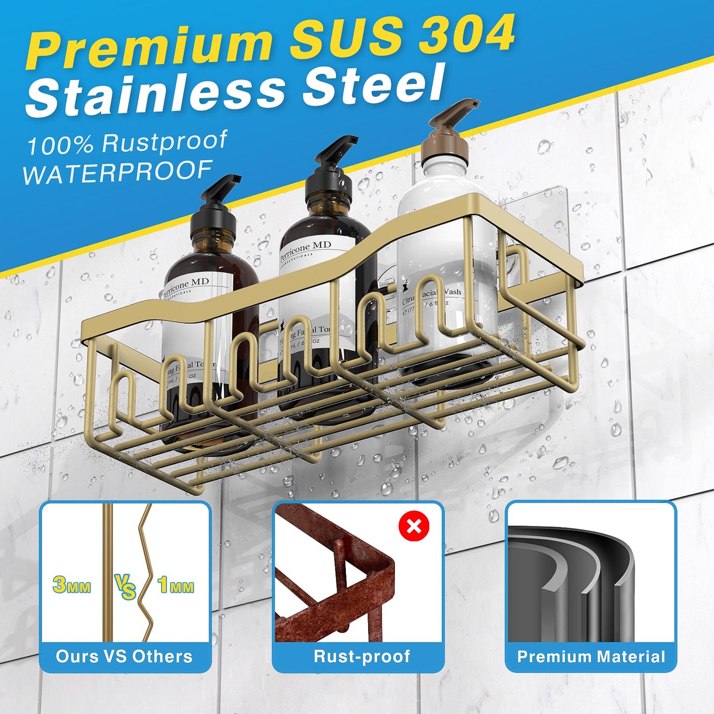 EUDELE Adhesive Shower Caddy, 5 Pack Rustproof Stainless Steel Bath Organizers With Large Capacity, No Drilling Shelves for Bathroom Storage & Home Decor