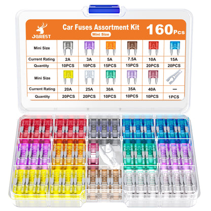 JOREST 300Pcs Car Fuse Assortment Kit, 160 Mini Blade Fuses Automotive + 90 Standard Auto Fuses + 50 Micro + Puller – Replacement for RV Camper Boat Truck (2Amp 3A 5A 7.5A 10A 15A 20A 25A 30A 35A 40A)