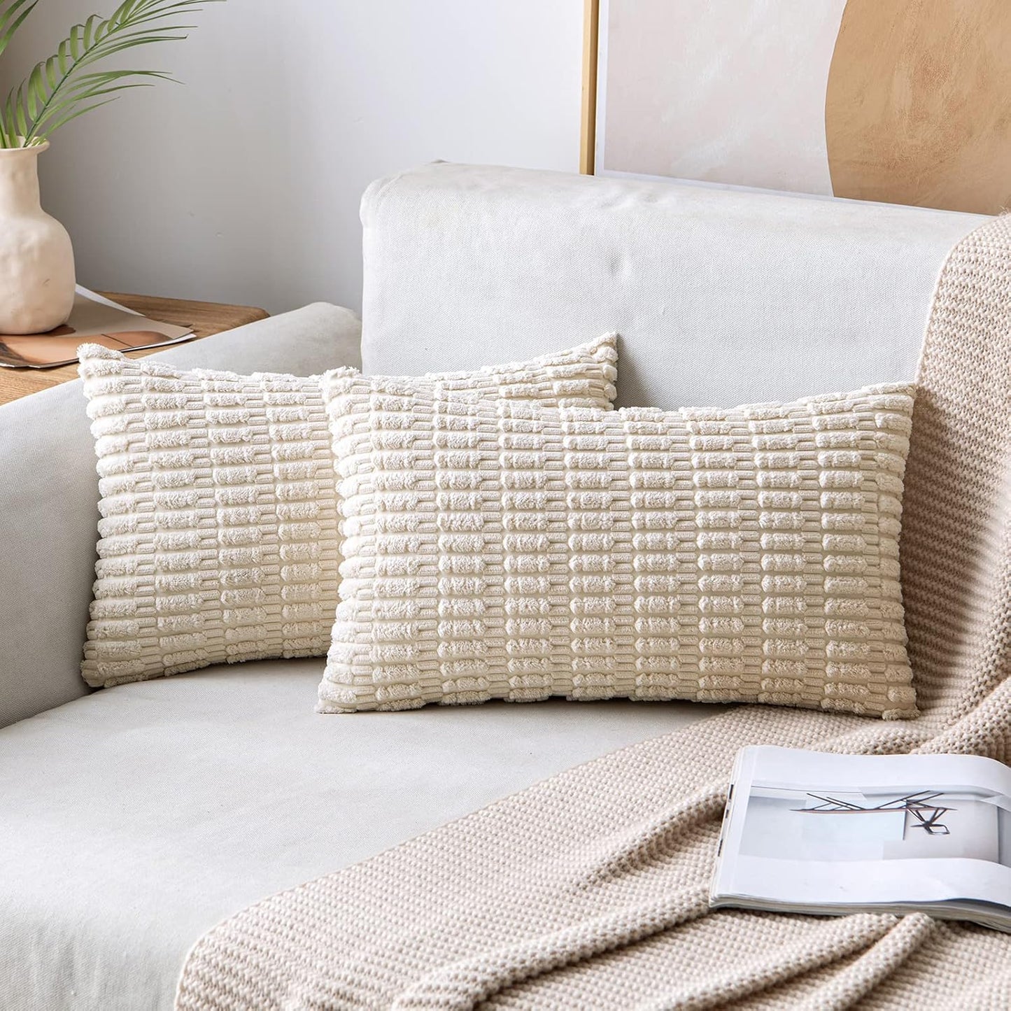 MIULEE Corduroy Decorative Throw Pillow Covers 18x18 Aqua Green Pack of 2 | Soft Boho Striped Pillow Covers Modern Farmhouse Home Decor For Sofa Living Room Couch Bed