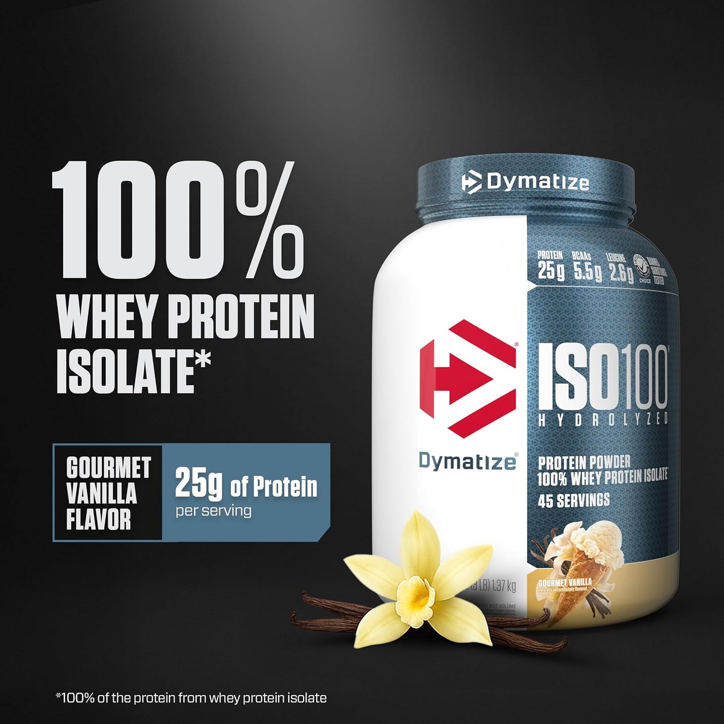 Dymatize ISO100 Protein Powder, 100% Whey Isolate, Cookies & Cream | 25g Protein, Hydrolyzed, Fast-Absorbing, Supports Muscle Health, 5.5g BCAAs, Gluten-Free, 20 Servings, 1.3 lb