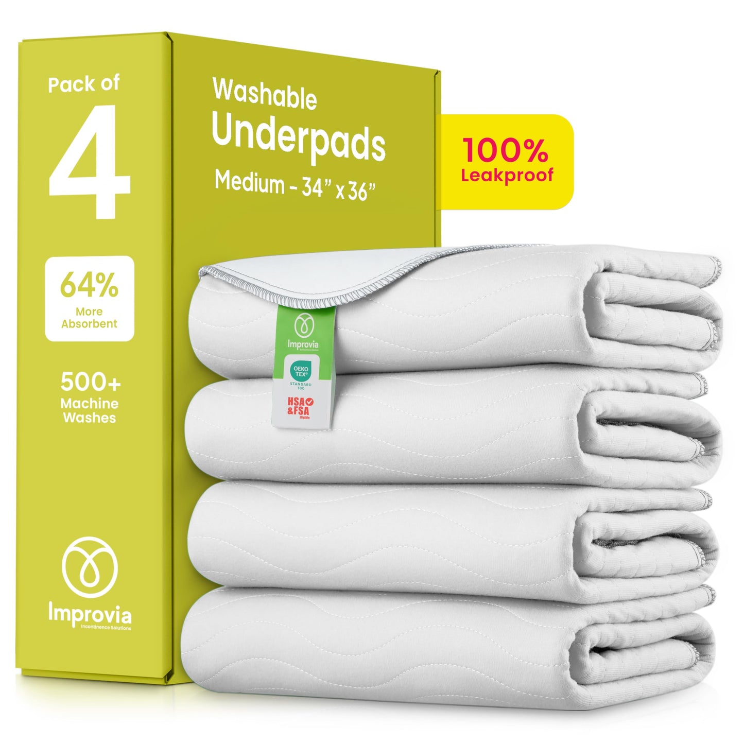 IMPROVIA® Washable Underpads, 34" x 36" (Pack of 4) - Heavy Absorbency Reusable Bedwetting Incontinence Pads for Kids, Adults, Elderly, and Pets - Waterproof Protective Pad for Bed, Couch, Sofa, Floor