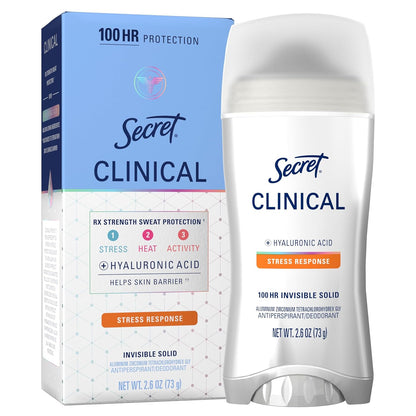 Secret Clinical Strength Invisible Solid Antiperspirant Deodorant for Women, 100HR Sweat & Odor Protection, 3X Stress Protection with Hyaluronic Acid, PH Balanced, Completely Clean Scent, 2.6 oz