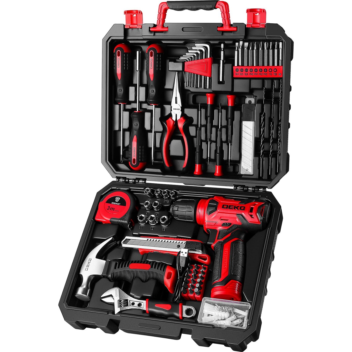 DEKOPRO Drill Set, Home Tool Set with 8V Pink Cordless Drill, Hand Tool Kit for Women, 126 pcs