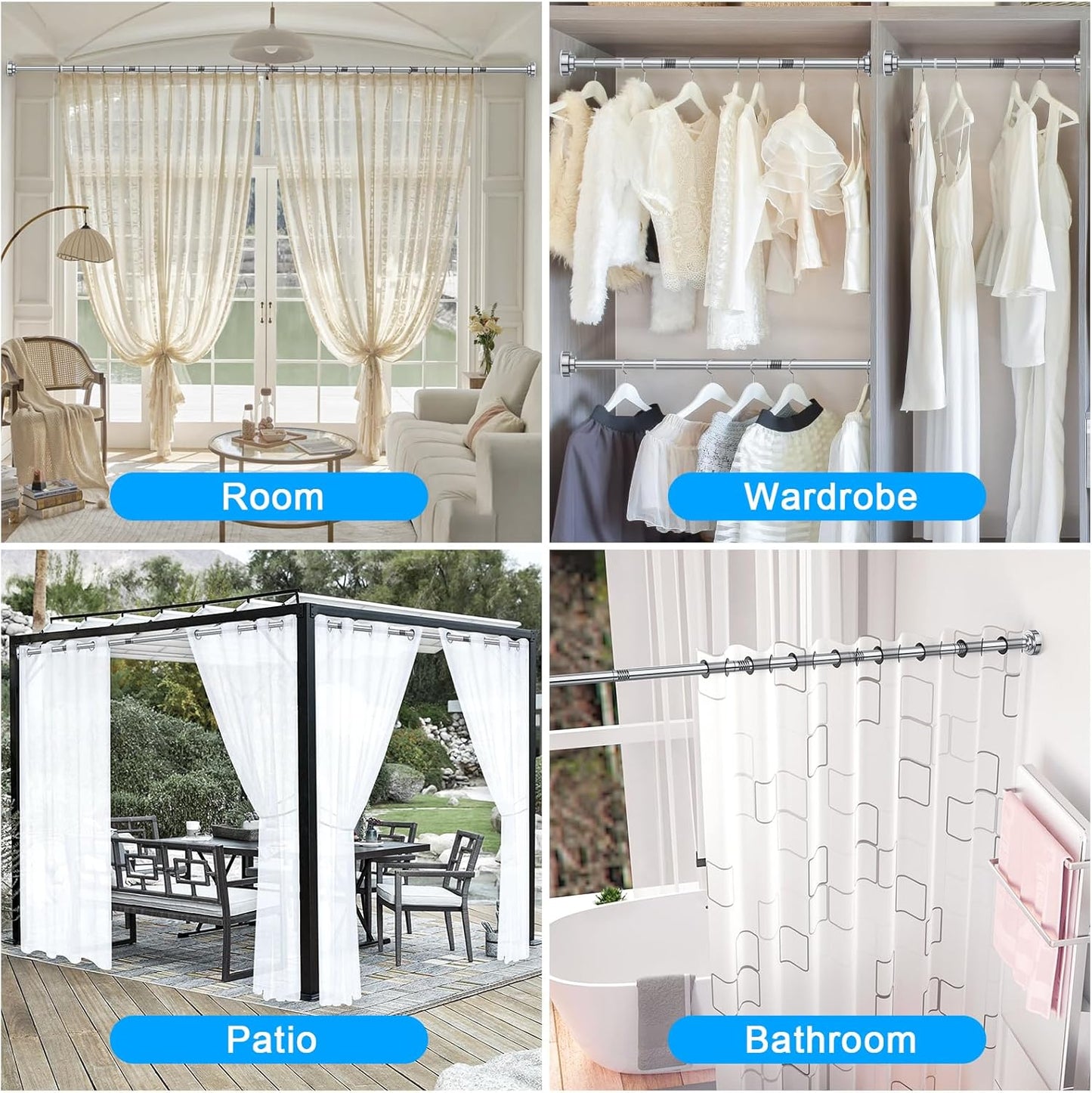 TEECK Shower Curtain Rod, 32-80 inch Adjustable Spring Tension Curtain Rod, Never Rust Anti-Slip Shower Curtain Rod for Bathroom, No Drilling, Never Collapse, Easy to Use, Silver