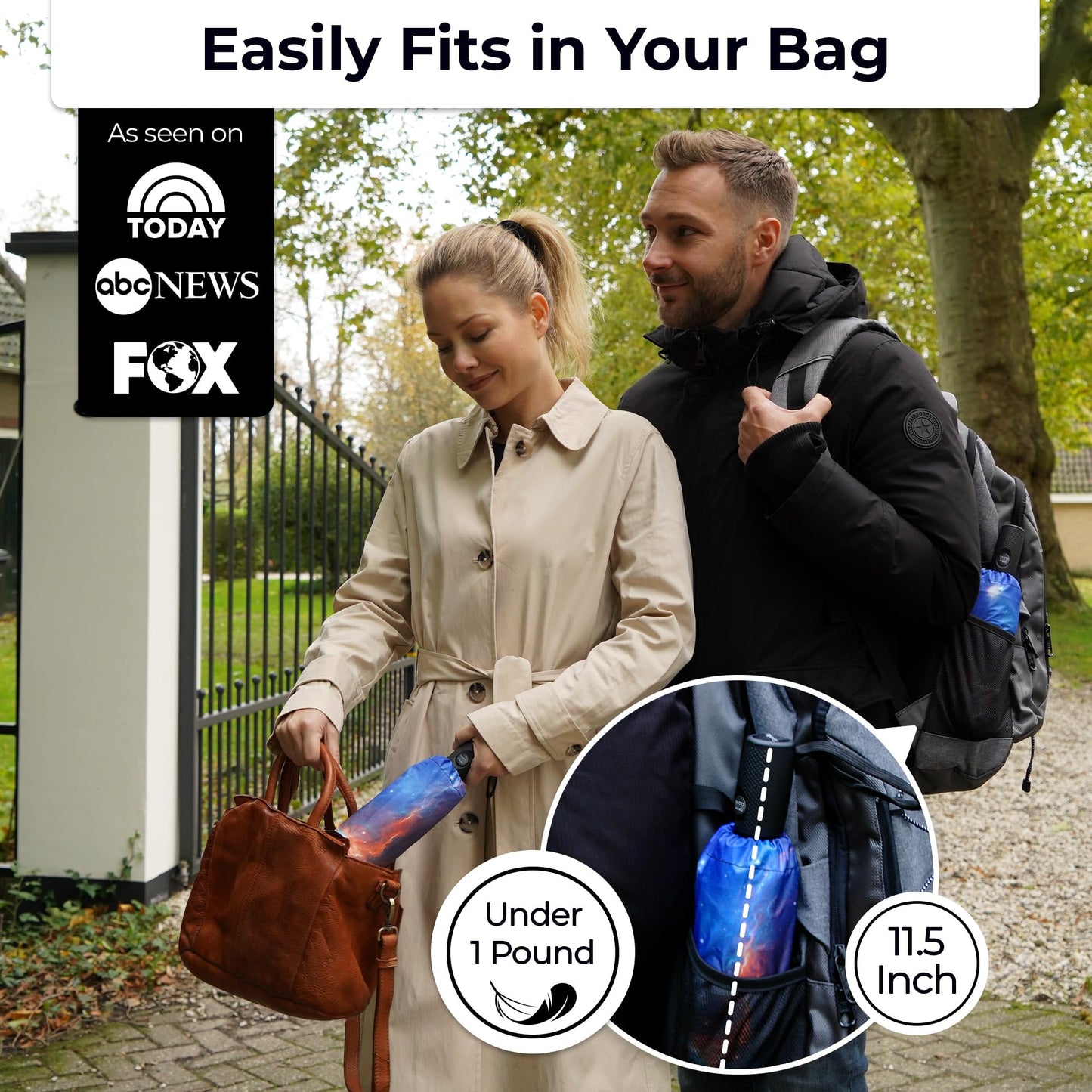 Strongest Windproof Travel Umbrella (Compact, 100MPH Wind-Tested), Light, Portable, One-Handed Use, Automatic Folding Rain Umbrella, Durable, Premium Grip, Fits Car & Backpack