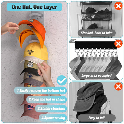 Hat Organizer for Baseball Caps 2Pack, Hat Rack for Wall with Strong Adhesive Hold up to 20 Hats, Hat Hanger Holder Display for Door Closet, Cap Organizer Storage Multilayer Two Mounting Option(Black)